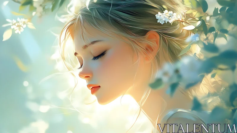 Dreamy girl in soft sunlight among gentle spring blossoms.