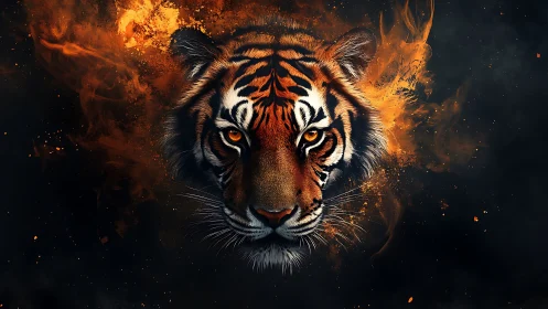 Fiery tiger portrait emerges from swirling embers and smoke.