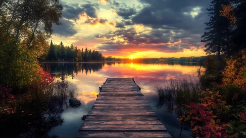 Lakeside wooden pier leads into a vivid autumn sunset.