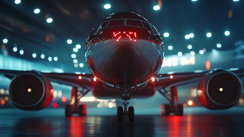 Front view of jet airliner in illuminated night hangar.