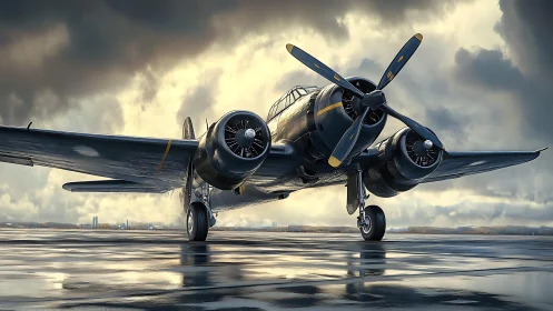 Twin engine military aircraft on wet runway under clouds.