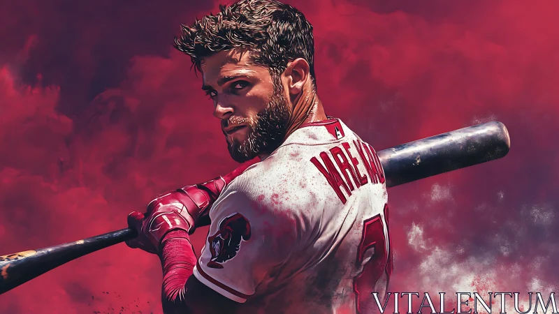 Smoldering red portrait of poised baseball slugger at bat.