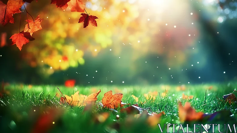 Autumn leaves on dewy grass under soft glowing sunlight.