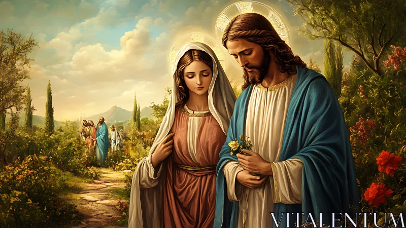 Religious figures walking through lush garden landscape.