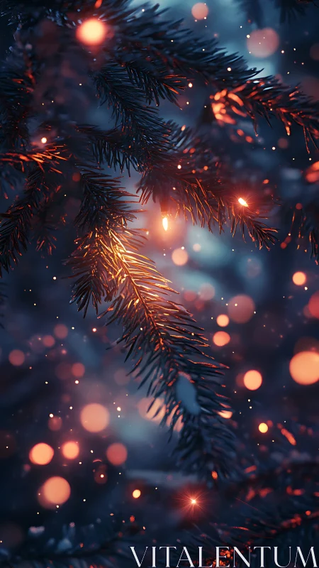 Pine needles with warm bokeh lights in cool blue night.