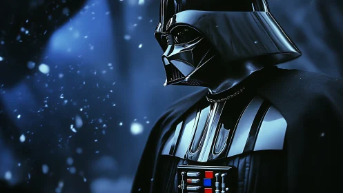 Armored black-helmeted figure in snowy blue atmospheric scene