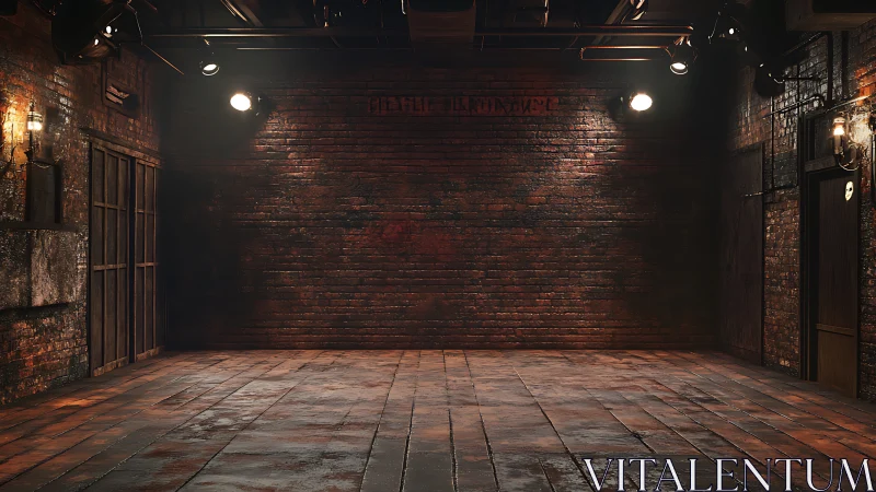 Industrial brick warehouse interior under theatrical spotlights.