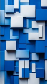 Layered blue and white rectangles form geometric 3D wall
