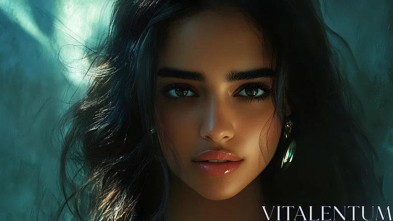 Dramatic digital portrait shows luminous gaze in teal light