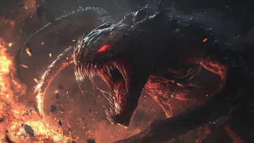 Infernal demon serpent emerging from molten firestorm.