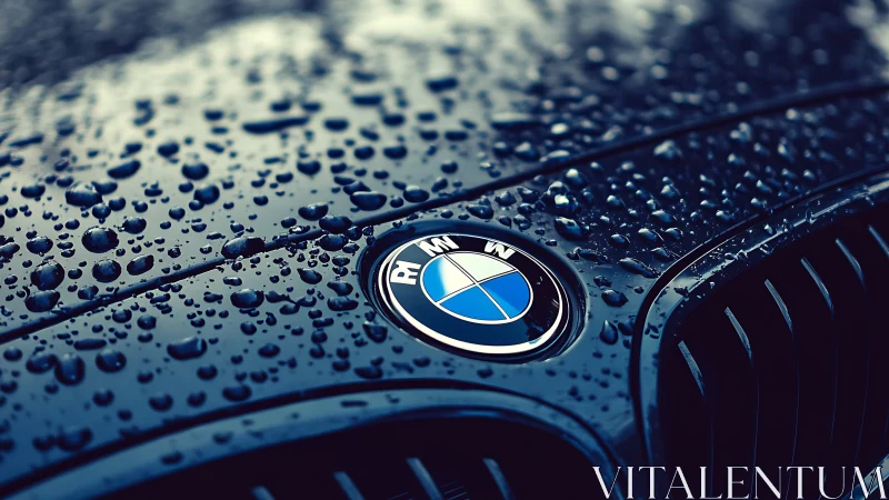 Raindrops glisten on a sleek luxury car emblem at dusk