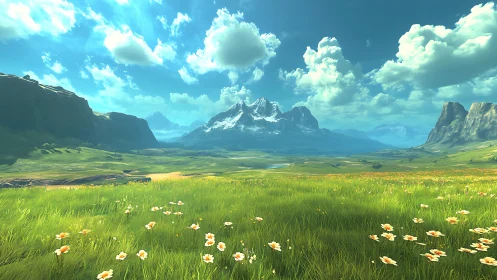 Expansive 3D alpine valley rendered with atmospheric perspective