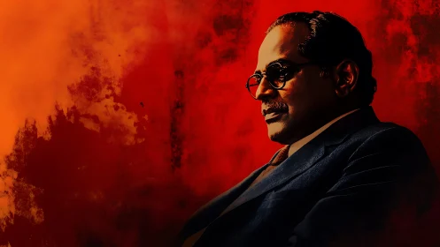 Pensive suited man against intense red textured backdrop.