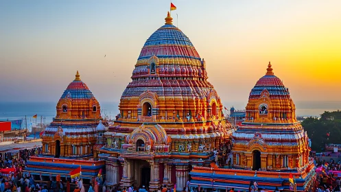 Sunlit Hindu temple complex glows with vivid sacred colors.