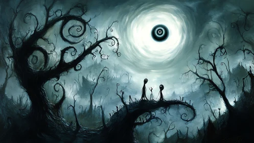 Elongated figures confront a luminous vortex above twisted forest