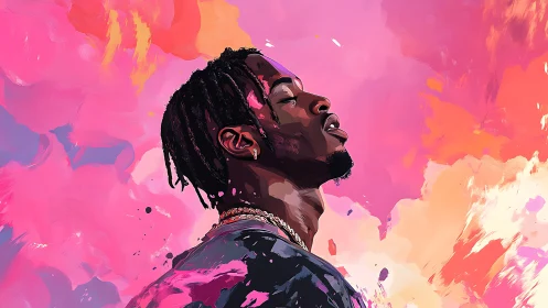 Profile portrait in pink and orange abstract background.