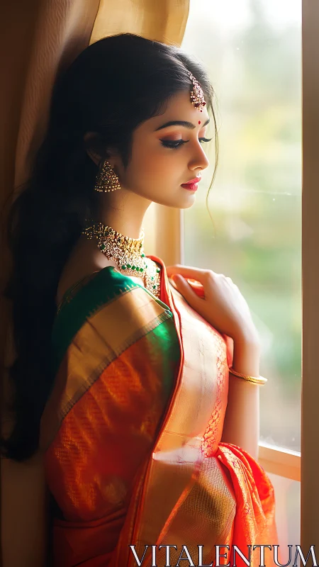 Woman in traditional saree stands by window in soft light