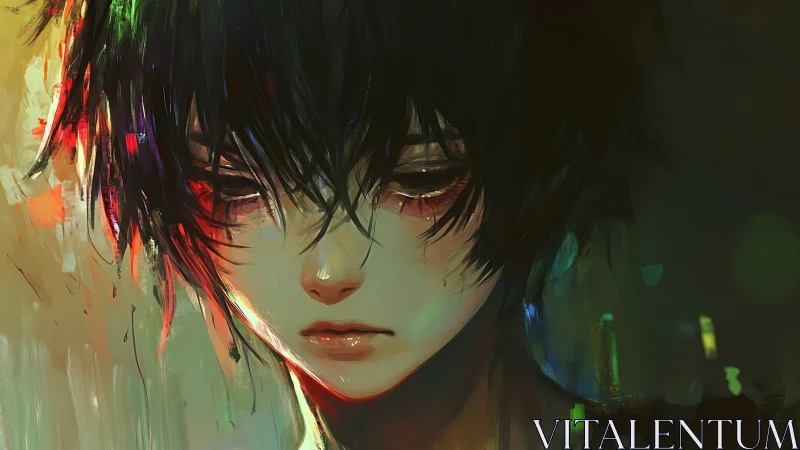 Chromatic melancholia portrait with diffuse digital brushwork.