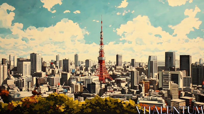 Digital painting skyline with central broadcast tower composition.