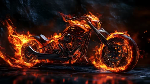 Combustion-etched chopper motorcycle enveloped in dynamic firefields.