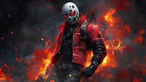 Masked urban vigilante strides through erupting firestorm