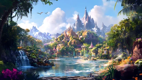 Fantastical Iridescent Citadel with Cascading Spires and Luminous Gardens.