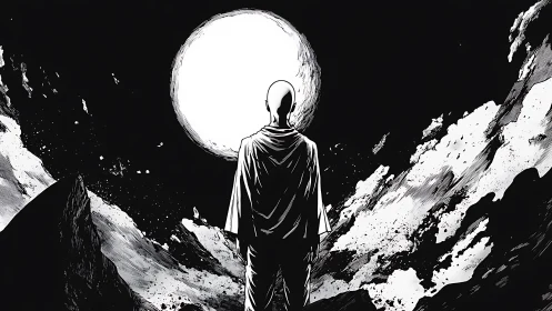 Lone moon-gazer stands on jagged cliffs in stark monochrome.