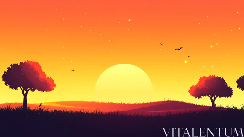 Digital landscape sunset with silhouetted trees and gradient sky.