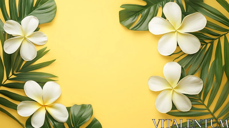 Tropical plumeria halo on sunshine yellow paradise canvas.