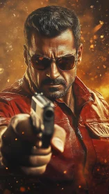 Smoldering gunslinger locks on target in blazing embers storm.