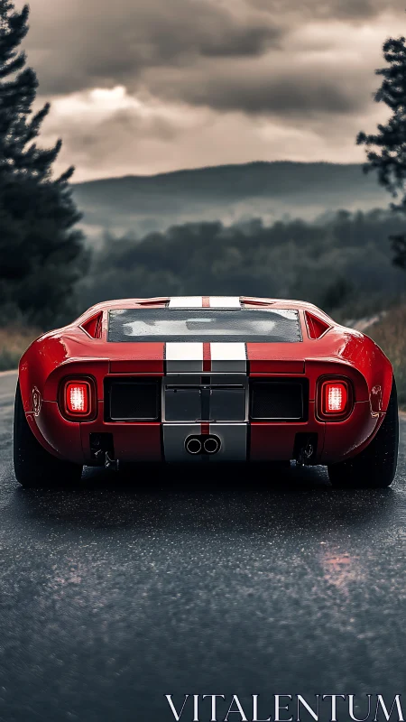 Rear low-angle study of classic red sports car on wet mountain road