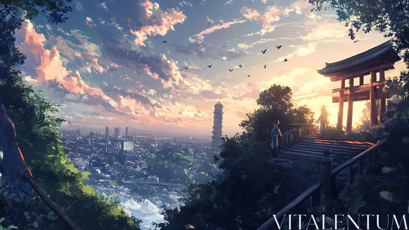 Sunset city hums beneath a quiet shrine on the hilltop