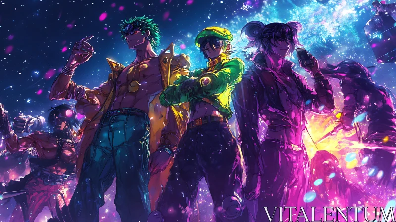 Neon-lit anime heroes confront chaos in a cosmic street