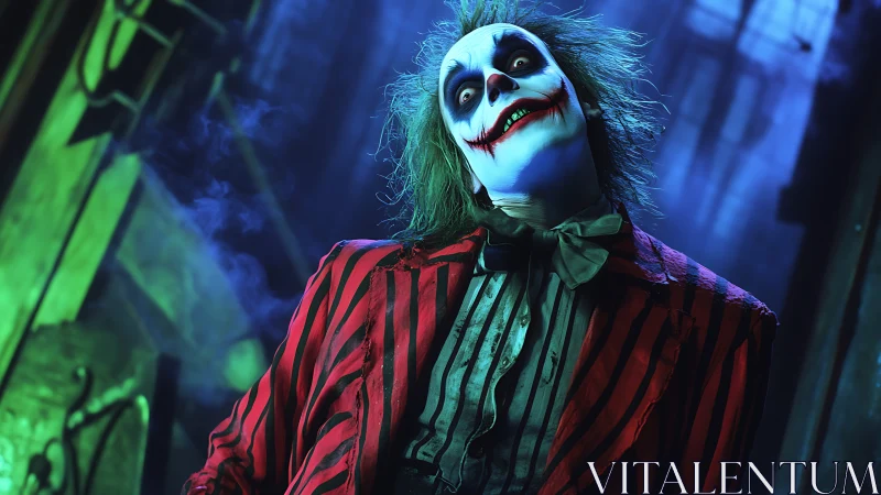 Cinematic clown portrait under teal‑green backlighting and tilt