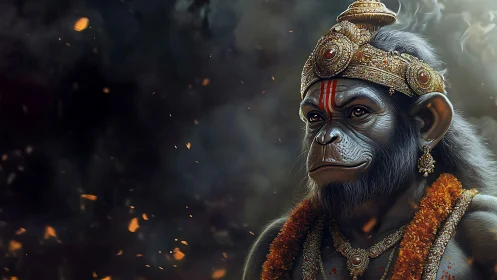 Divine simian warrior with ornate crown and garlands.
