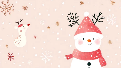 Snowman and stylized reindeer are arranged on pastel background