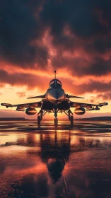 Fighter jet waits on wet runway under burning sunset sky