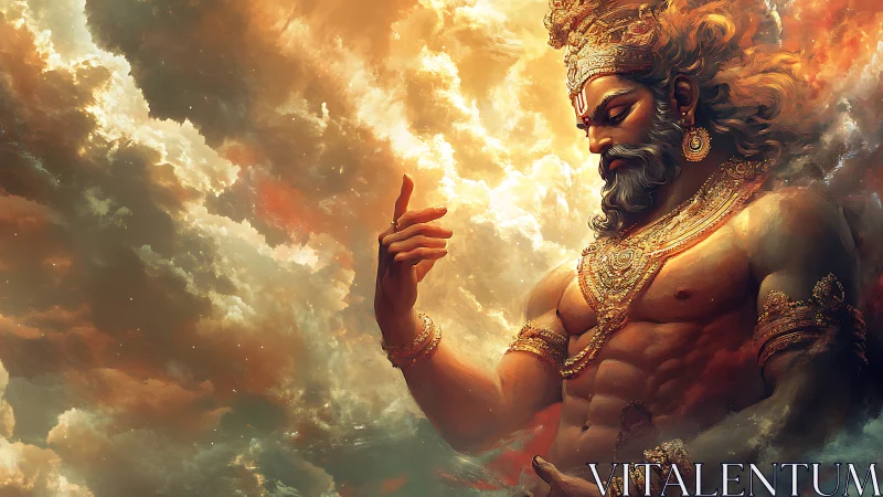 Majestic celestial guardian bathed in glowing golden clouds.