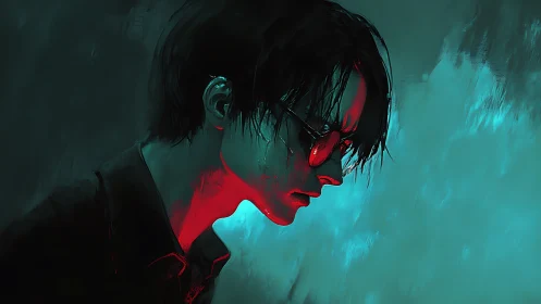 Brooding neon-lit loner bows his head in electric silence