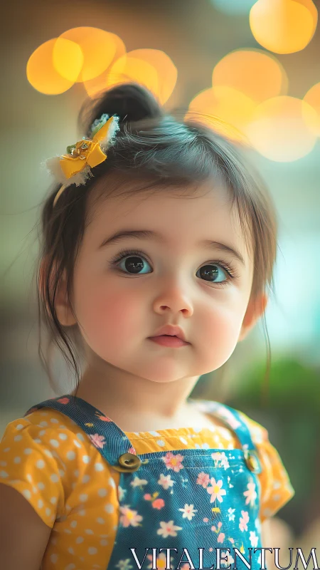 Serene young child with golden hair clip amid warm bokeh lights.