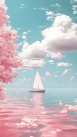 Sailboat moves through reflective pink water under clouds