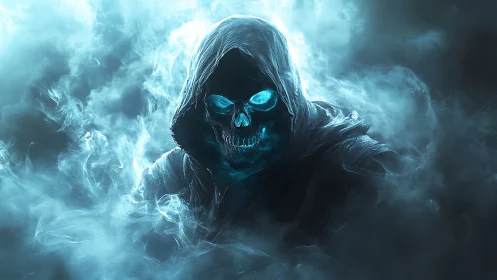 Hooded spectral reaper emerges from glowing cyan mist.