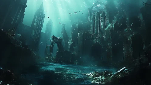 Submerged gothic ruins with arches in deep teal water.
