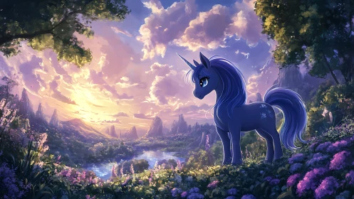 Twilight unicorn gazes over a glowing enchanted valley.