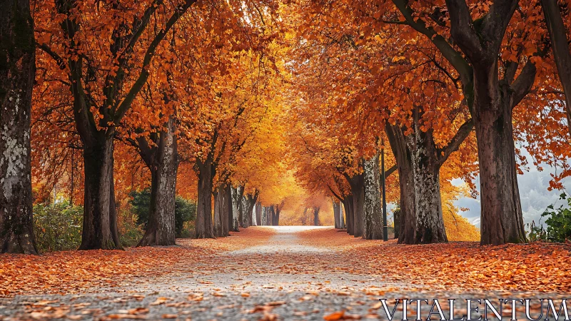 Autumn trees build a fiery tunnel of leaves over quiet road