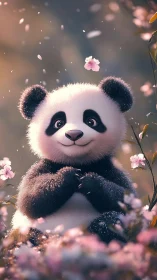 Soft-hearted panda catches spring petals with sparkling paws