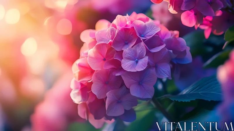 Hydrangea blossom cluster in glowing pastel sunset light.