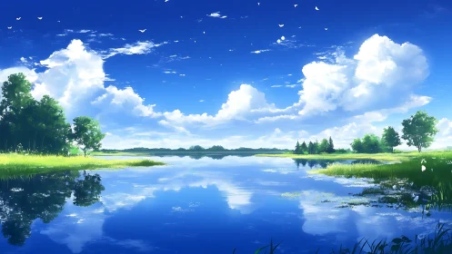 Lake reflects bright cumulus clouds under deep blue sky