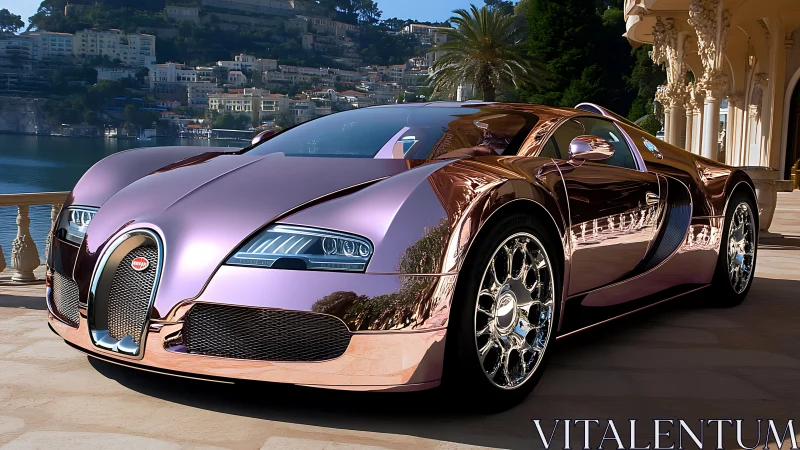 Chromed rose hypercar on Mediterranean waterfront terrace