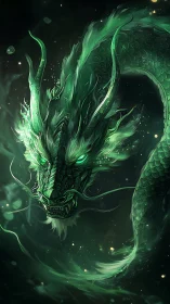 Emerald spirit dragon coils through starlit green mist